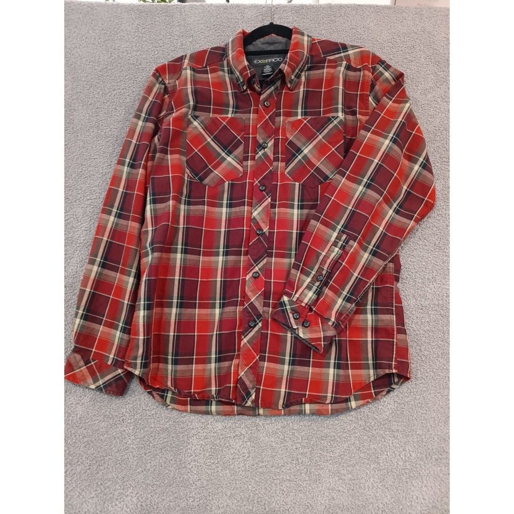 ExOfficio Men's Large L Technical Flannel Shirt Red Plaid Mesh Lined Travel Outd